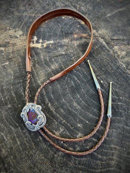 Aussie Opal Bolo Tie // Boulder Opal // Purple/Teal Flash // Dark Brown Leather Cord // Oxidized Sterling Silver // One of a Kind / Handmade