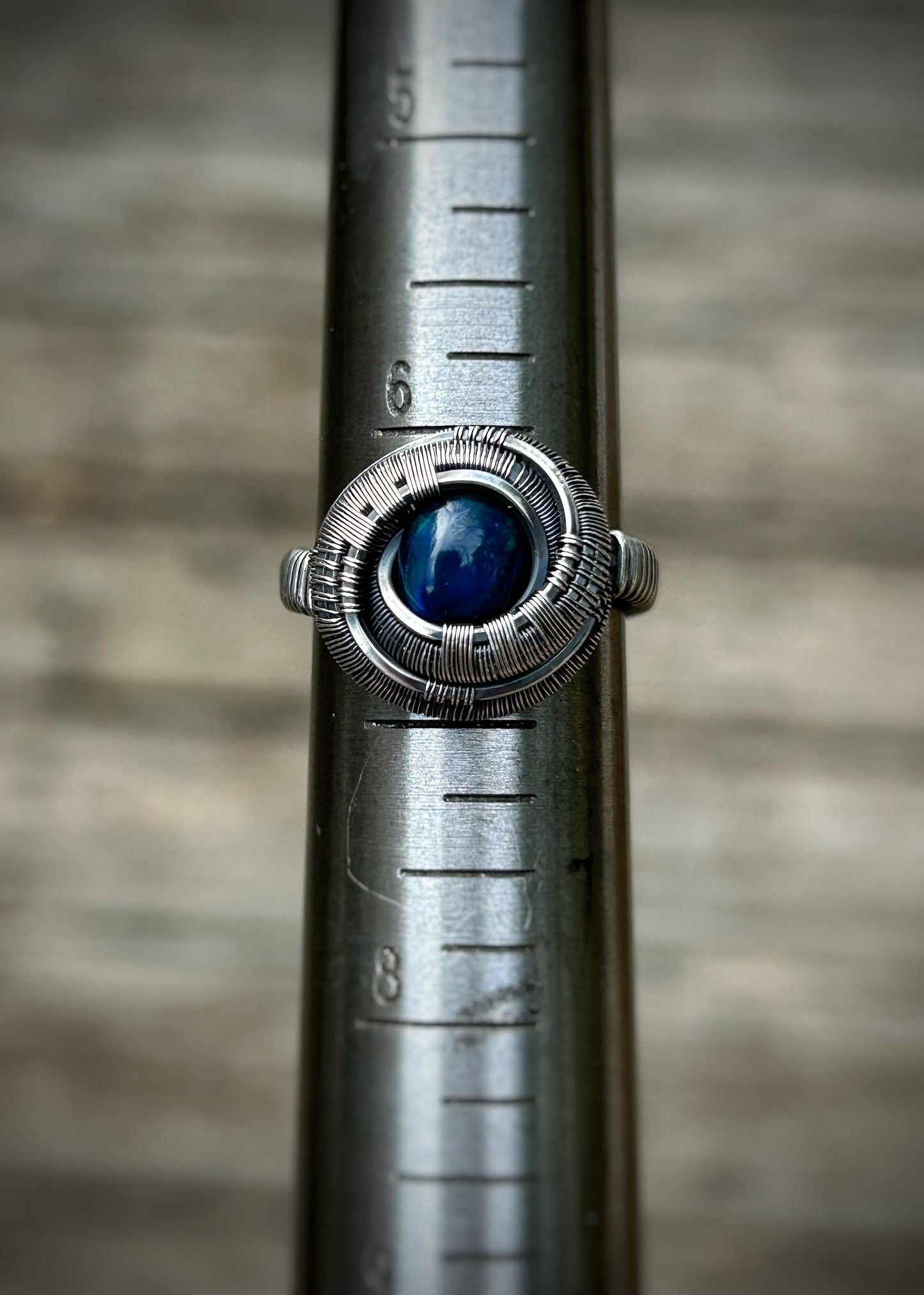 Whirlpool // Blue Spiral // Ethiopian Opal Ring // Wire Wrapped Ring // Oxidized Sterling Silver // Handmade // Size 6.5 // Comfy