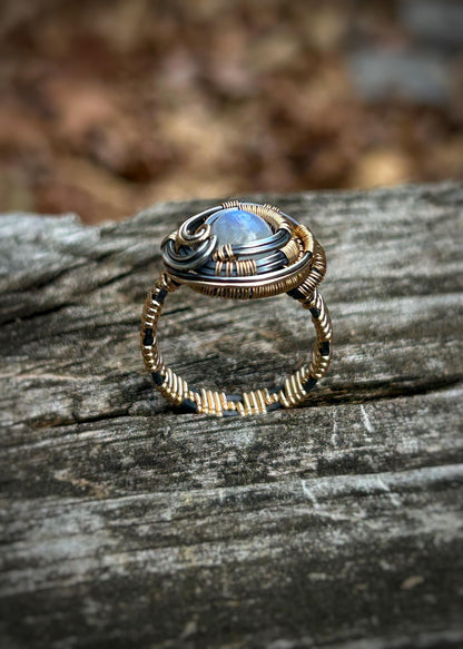 Moonstone Ring // Mixed Metals // Size 8 // Festival Jewelry // Handmade Wire Wrap // One of a Kind // Comfy // Organic Wire Flow // Sexy