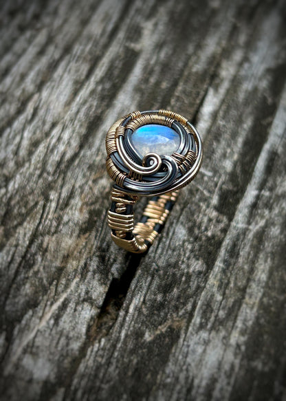 Moonstone Ring // Mixed Metals // Size 8 // Festival Jewelry // Handmade Wire Wrap // One of a Kind // Comfy // Organic Wire Flow // Sexy
