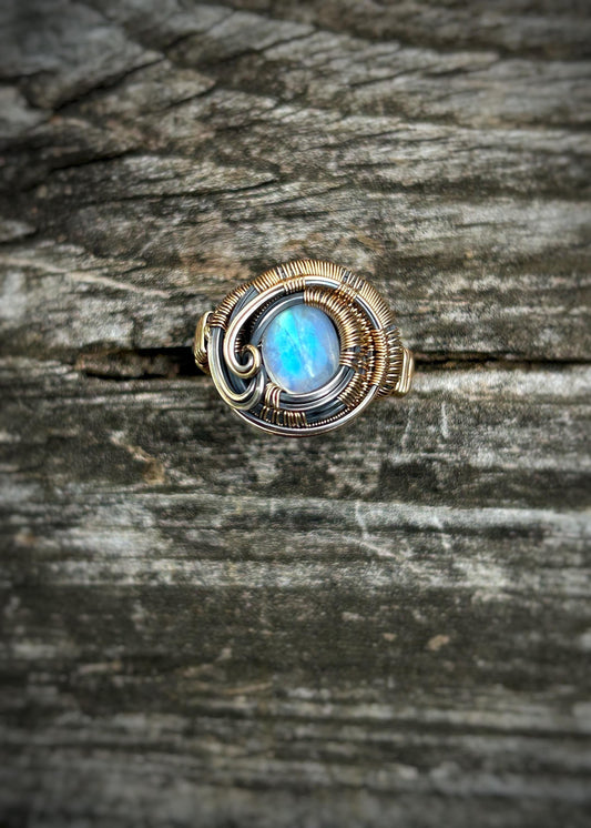 Moonstone Ring // Mixed Metals // Size 8 // Festival Jewelry // Handmade Wire Wrap // One of a Kind // Comfy // Organic Wire Flow // Sexy