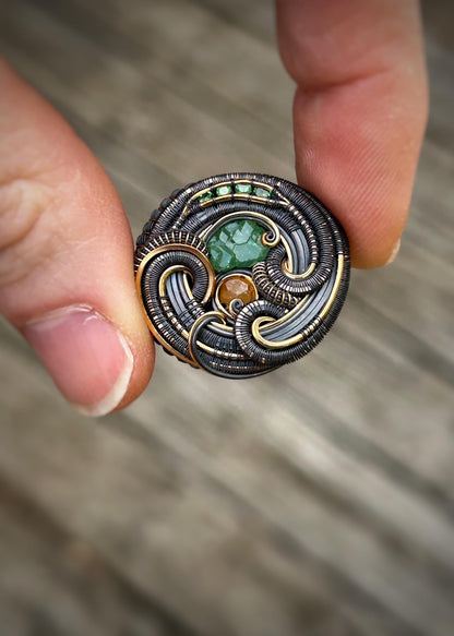 Garnet Circle Pendant // Wire Wrapped // Oxidized Silver and 14k Goldfilled // Organic Wire Flow // One of a Kind // January Birthstone