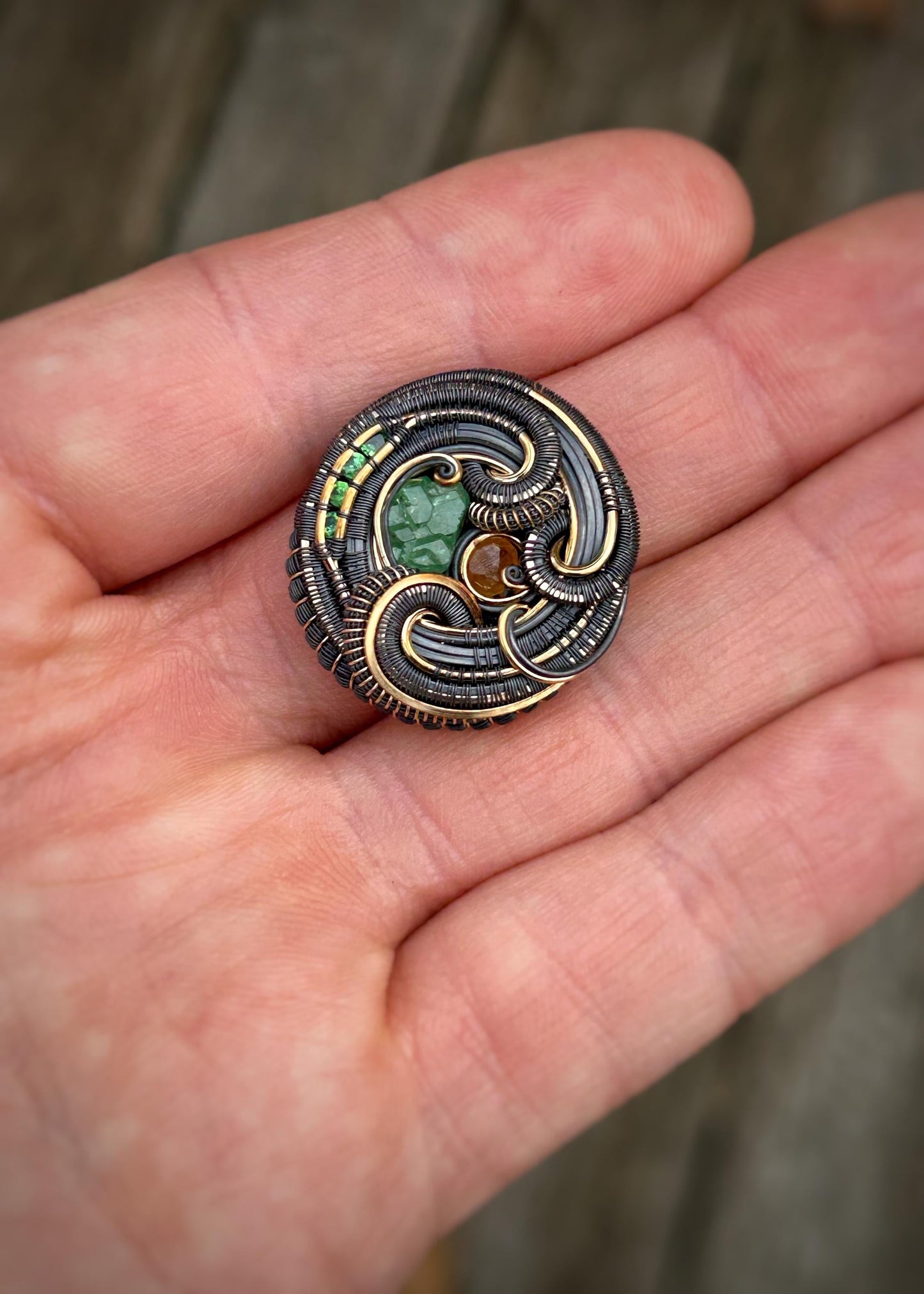 Garnet Circle Pendant // Wire Wrapped // Oxidized Silver and 14k Goldfilled // Organic Wire Flow // One of a Kind // January Birthstone