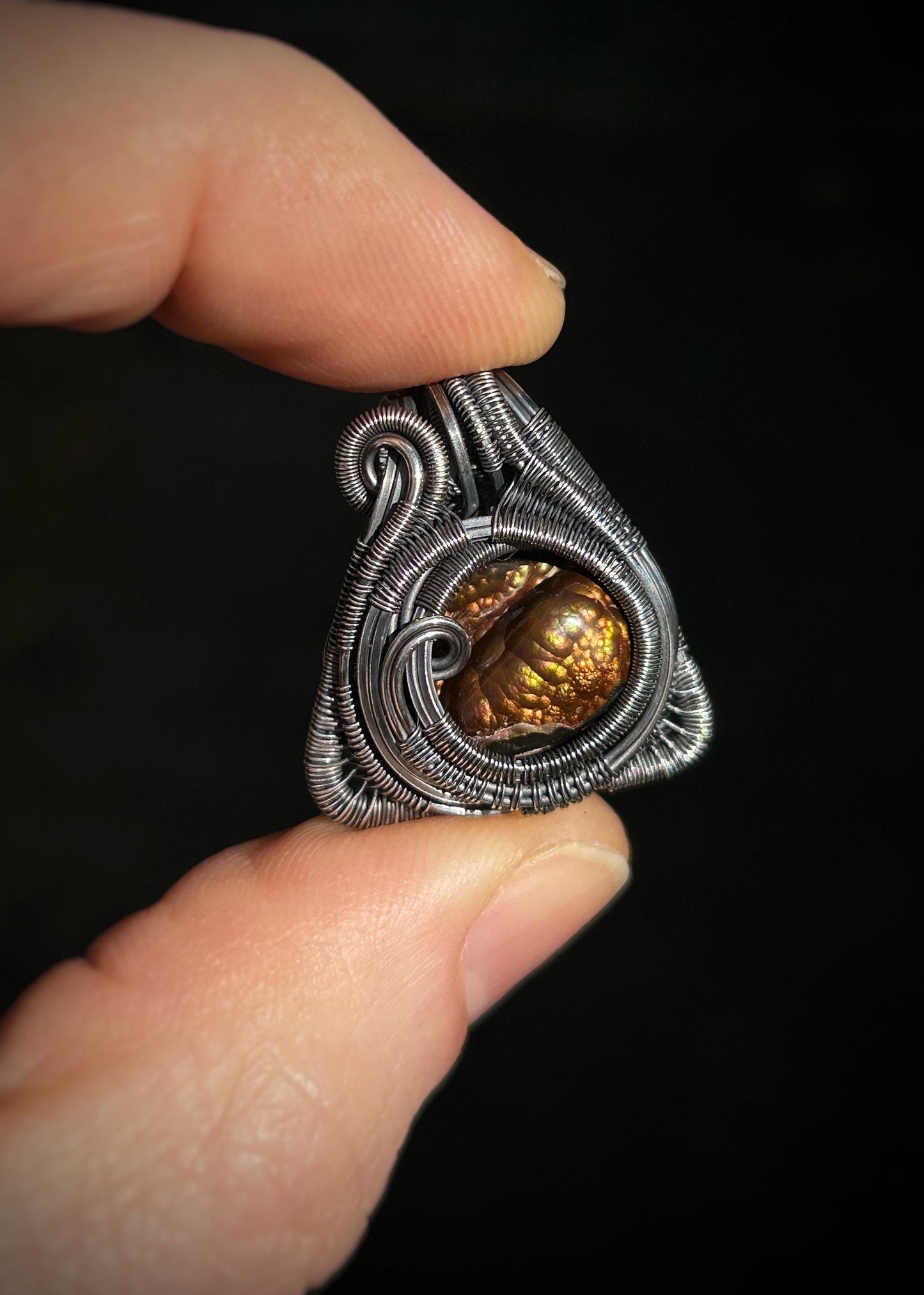 Fire Agate Triangle Pendant // Oxidized Sterling Silver // Festival Jewelry // Handmade Wire Art // Organic Flow // One of a Kind