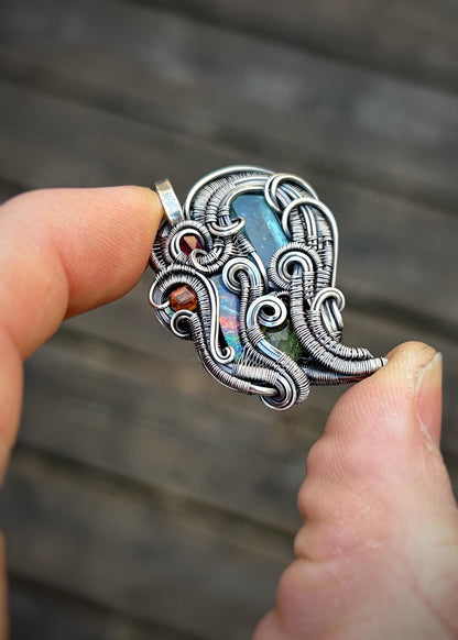 Whimsical Colorful Pendant // Wire Wrapped Jewelry // Oxidized Silver // Festival // Gems // Aqua / Garnet / Opal / Spinel // Handmade Art