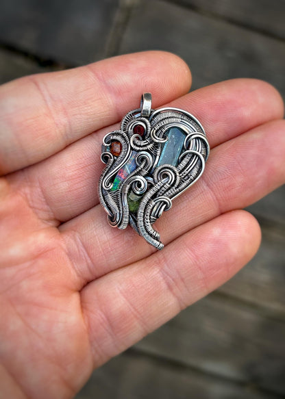 Whimsical Colorful Pendant // Wire Wrapped Jewelry // Oxidized Silver // Festival // Gems // Aqua / Garnet / Opal / Spinel // Handmade Art