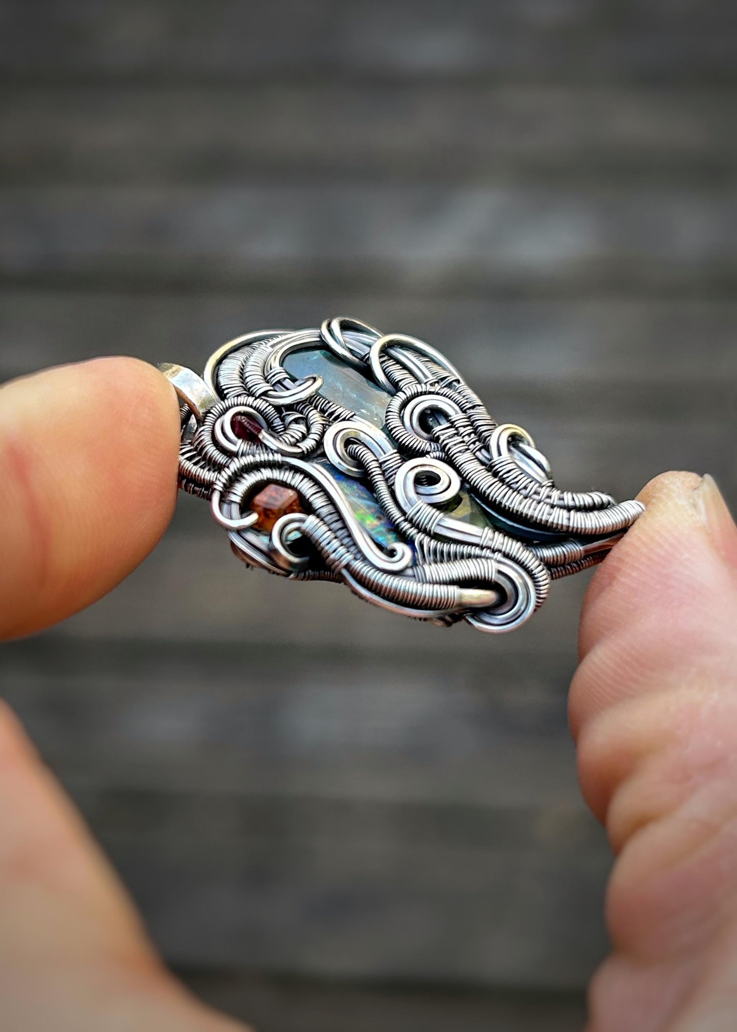 Whimsical Colorful Pendant // Wire Wrapped Jewelry // Oxidized Silver // Festival // Gems // Aqua / Garnet / Opal / Spinel // Handmade Art