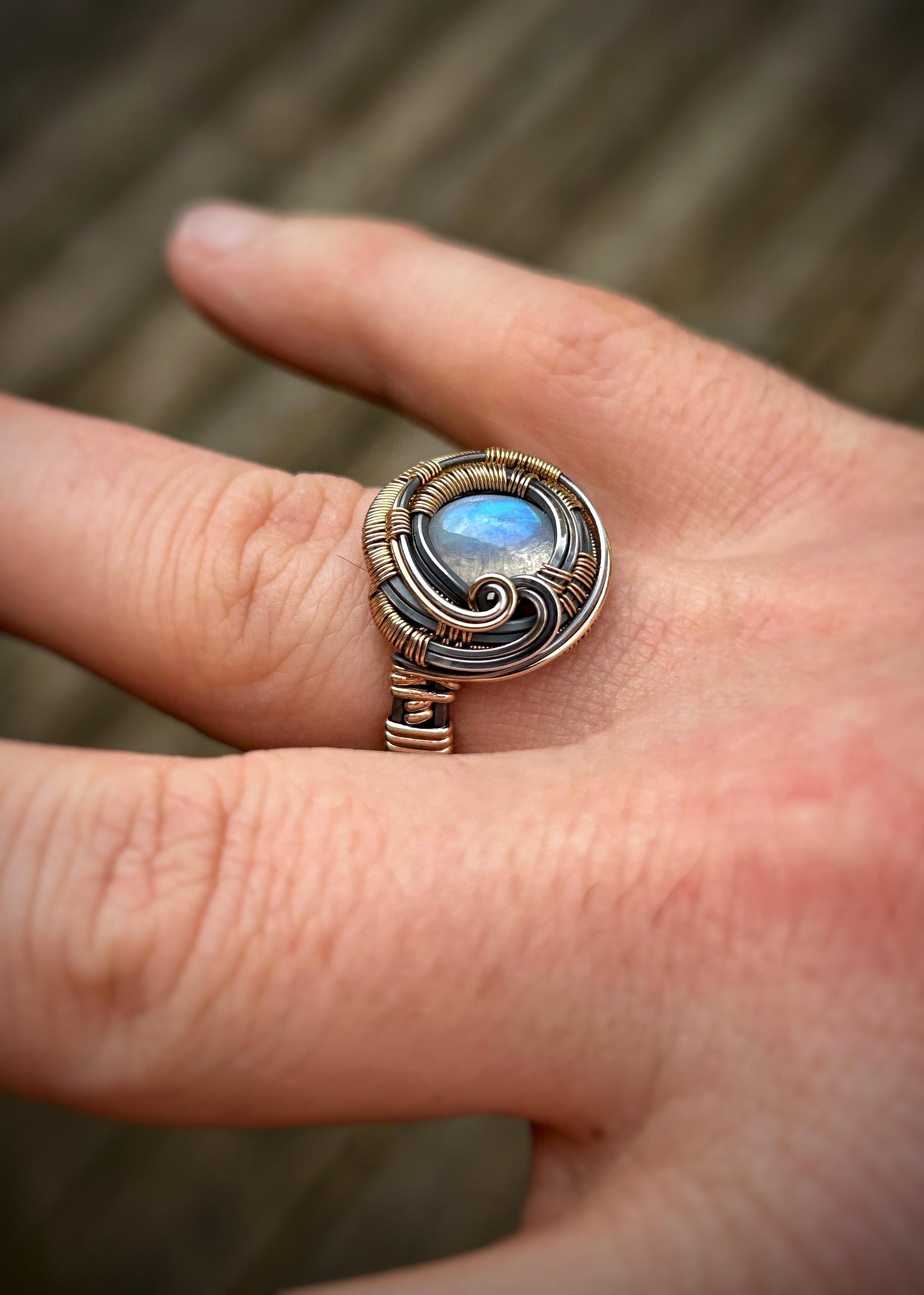 Moonstone Ring // Mixed Metals // Size 8 // Festival Jewelry // Handmade Wire Wrap // One of a Kind // Comfy // Organic Wire Flow // Sexy