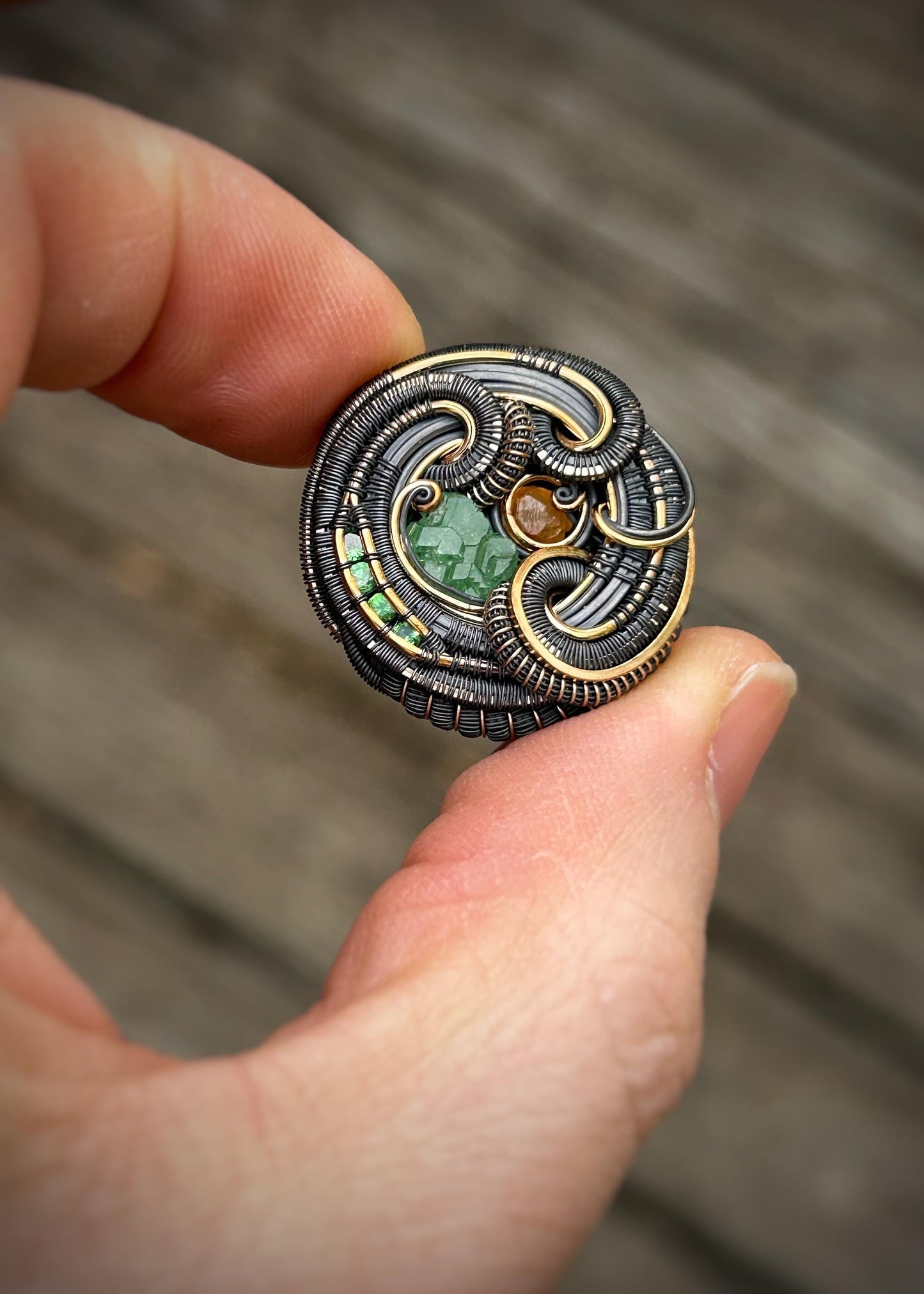 Garnet Circle Pendant // Wire Wrapped // Oxidized Silver and 14k Goldfilled // Organic Wire Flow // One of a Kind // January Birthstone