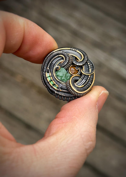 Garnet Circle Pendant // Wire Wrapped // Oxidized Silver and 14k Goldfilled // Organic Wire Flow // One of a Kind // January Birthstone