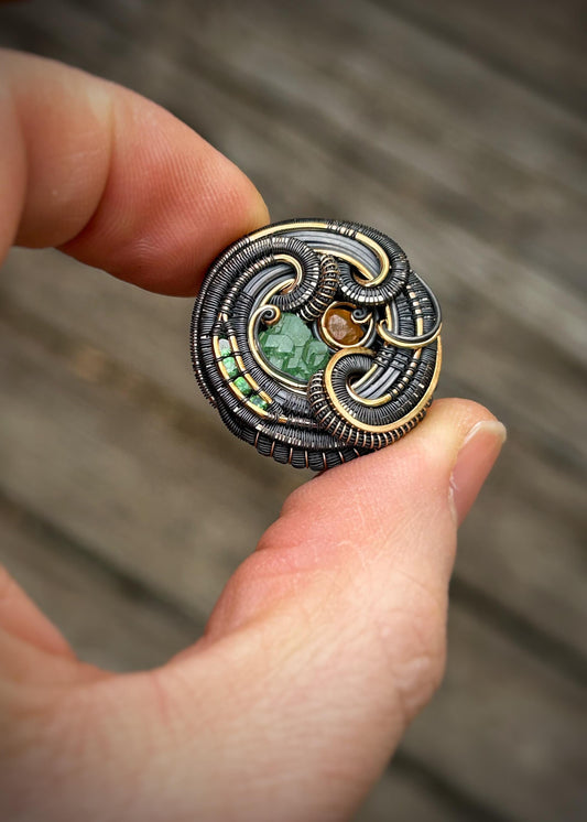 Garnet Circle Pendant // Wire Wrapped // Oxidized Silver and 14k Goldfilled // Organic Wire Flow // One of a Kind // January Birthstone