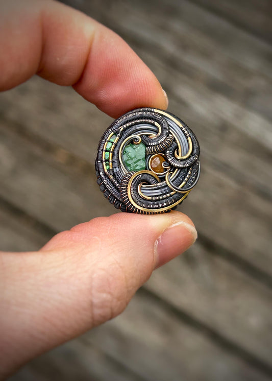 Garnet Circle Pendant // Wire Wrapped // Oxidized Silver and 14k Goldfilled // Organic Wire Flow // One of a Kind // January Birthstone