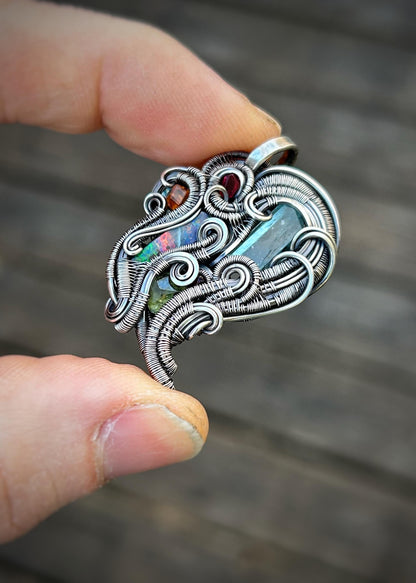 Whimsical Colorful Pendant // Wire Wrapped Jewelry // Oxidized Silver // Festival // Gems // Aqua / Garnet / Opal / Spinel // Handmade Art