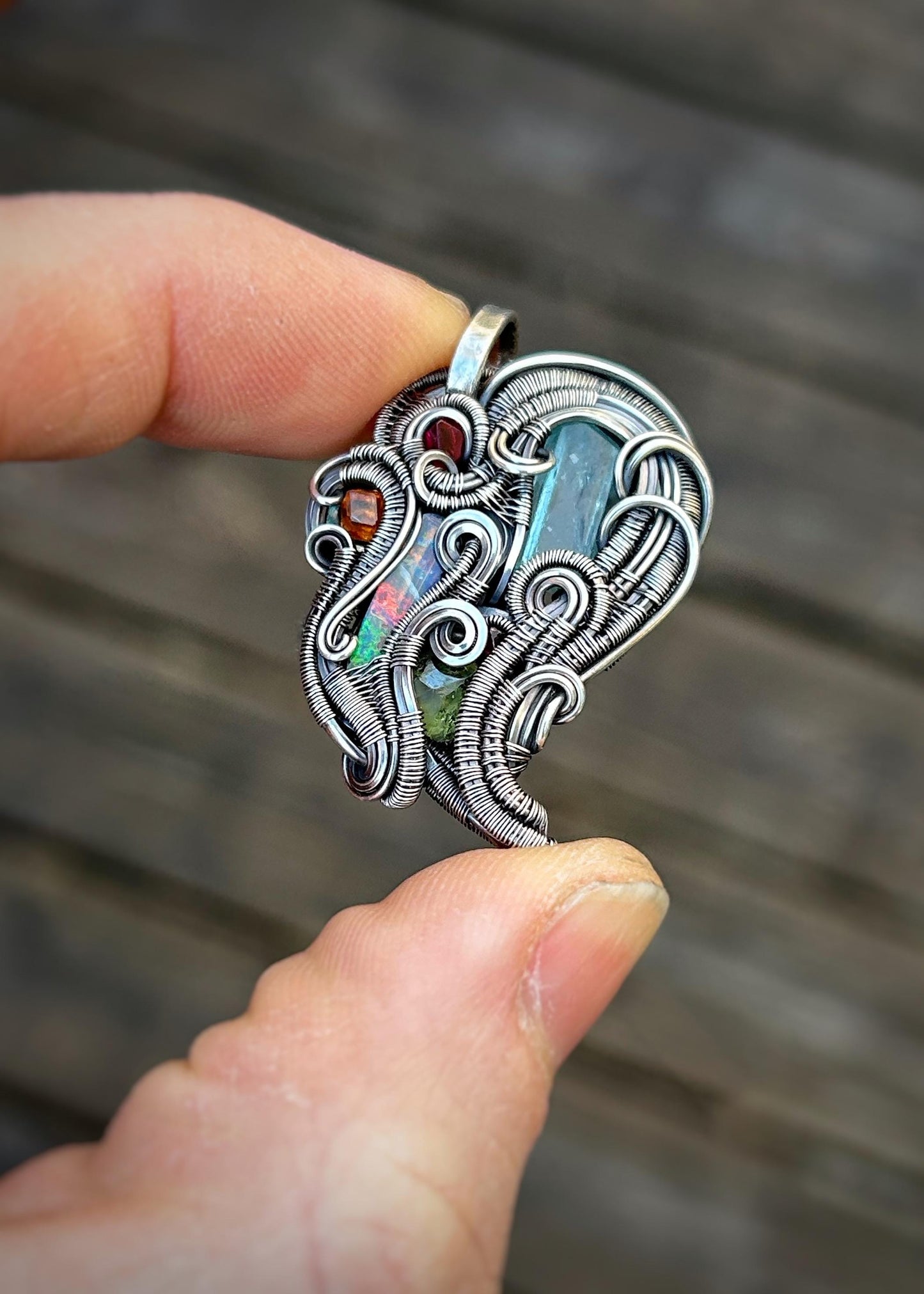 Whimsical Colorful Pendant // Wire Wrapped Jewelry // Oxidized Silver // Festival // Gems // Aqua / Garnet / Opal / Spinel // Handmade Art