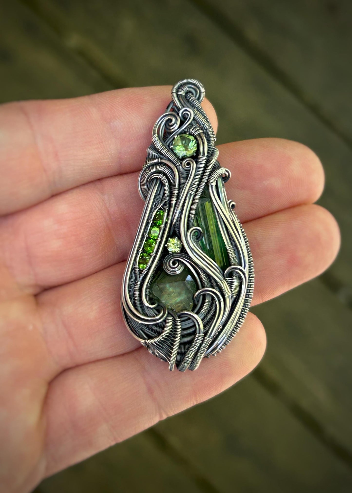 All Green Banger // Green Gems // Tourmaline // Garnet // Peridot // Apatite // Chrome Diopside // Oxidized Silver // Festival Jewelry