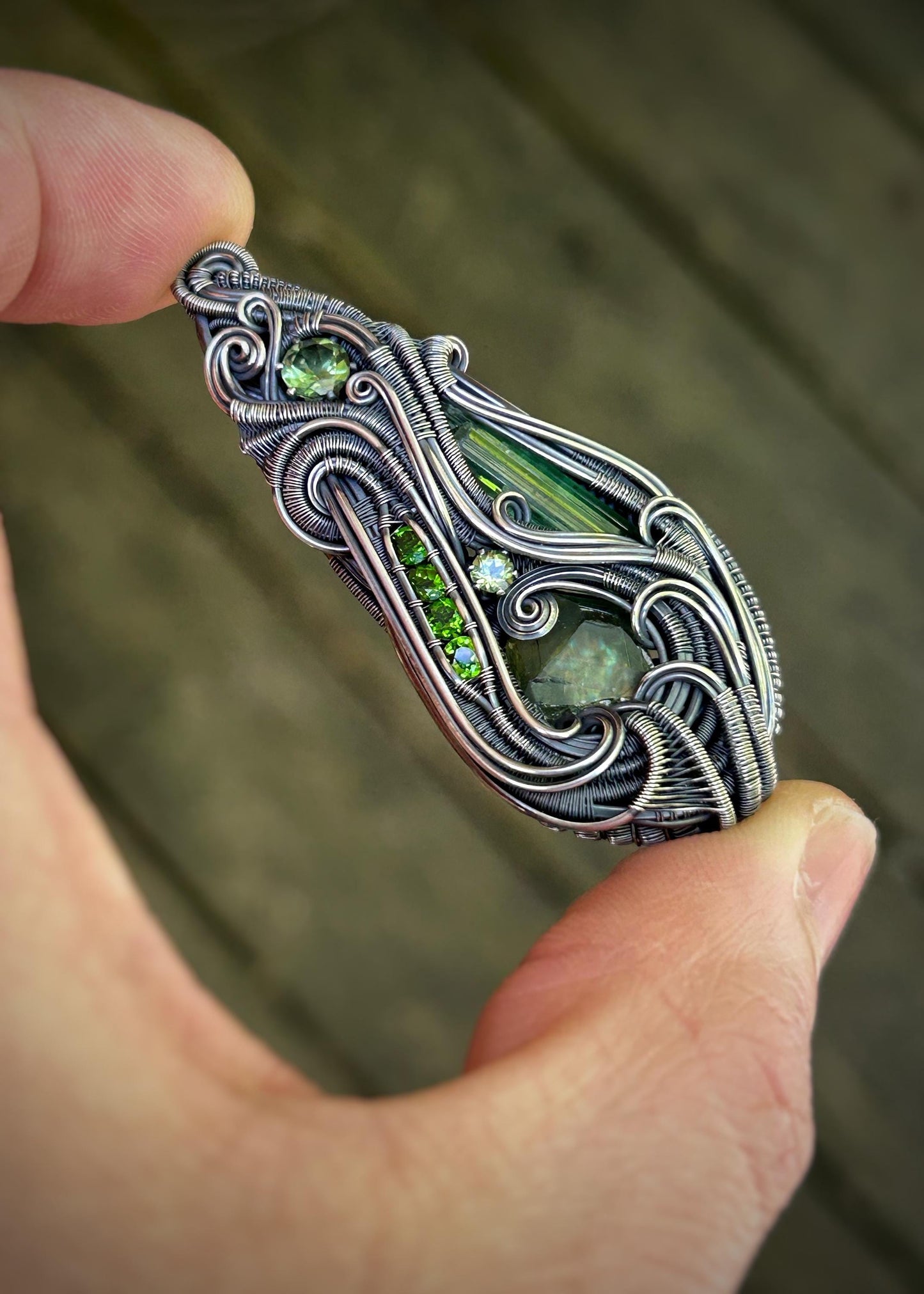 All Green Banger // Green Gems // Tourmaline // Garnet // Peridot // Apatite // Chrome Diopside // Oxidized Silver // Festival Jewelry