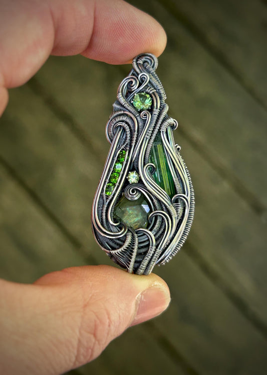 All Green Banger // Green Gems // Tourmaline // Garnet // Peridot // Apatite // Chrome Diopside // Oxidized Silver // Festival Jewelry