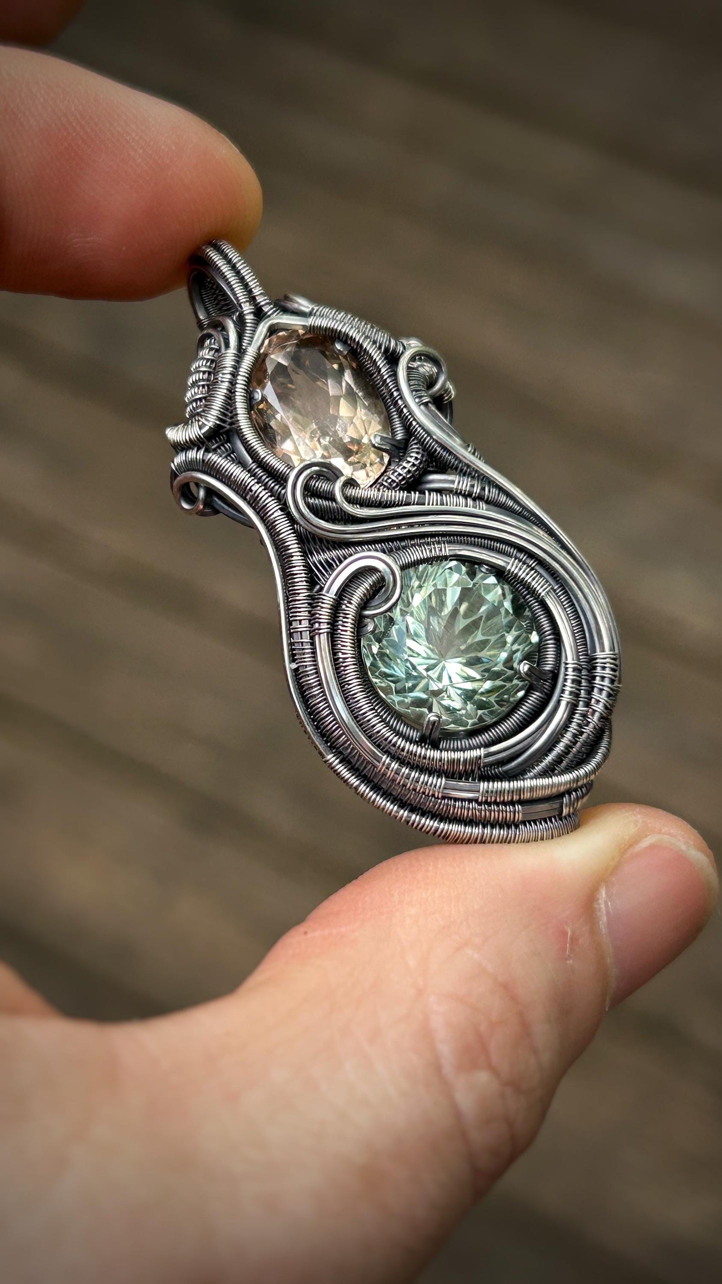 Champagne Topaz // Prasiolite // Wire Wrapped Pendant // Oxidized Silver // Festival Jewelry // Handmade Wire Art // One of a kind