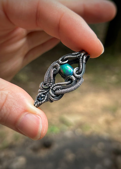 Floating Opal Pendant // Ethiopian Opal // Blue Sapphire // Symmetrical Wire Wrap // Handmade // Festival Jewelry // Oxidized Silver