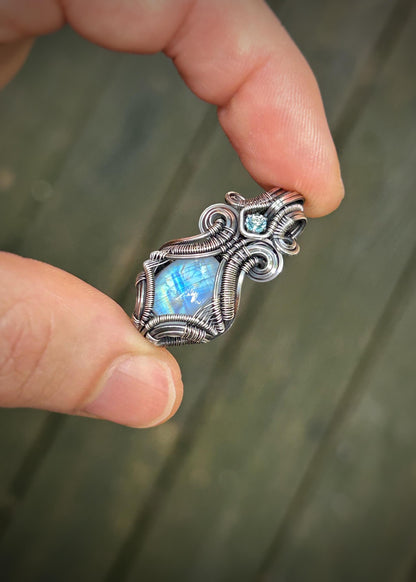 Rainbow Moonstone // Blue Topaz // Wire Wrapped Pendant // Symmetrical // Oxidized Silver // Festival Jewelry // Handmade Wire Art