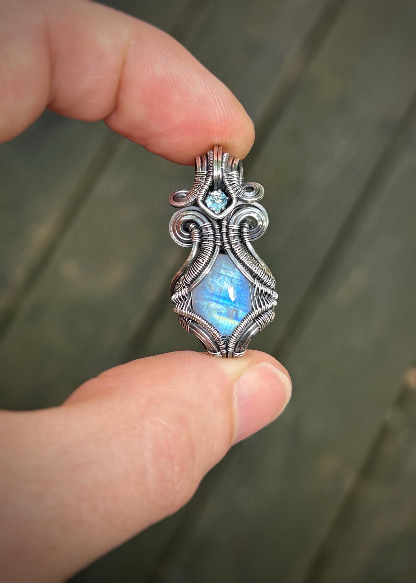 Rainbow Moonstone // Blue Topaz // Wire Wrapped Pendant // Symmetrical // Oxidized Silver // Festival Jewelry // Handmade Wire Art