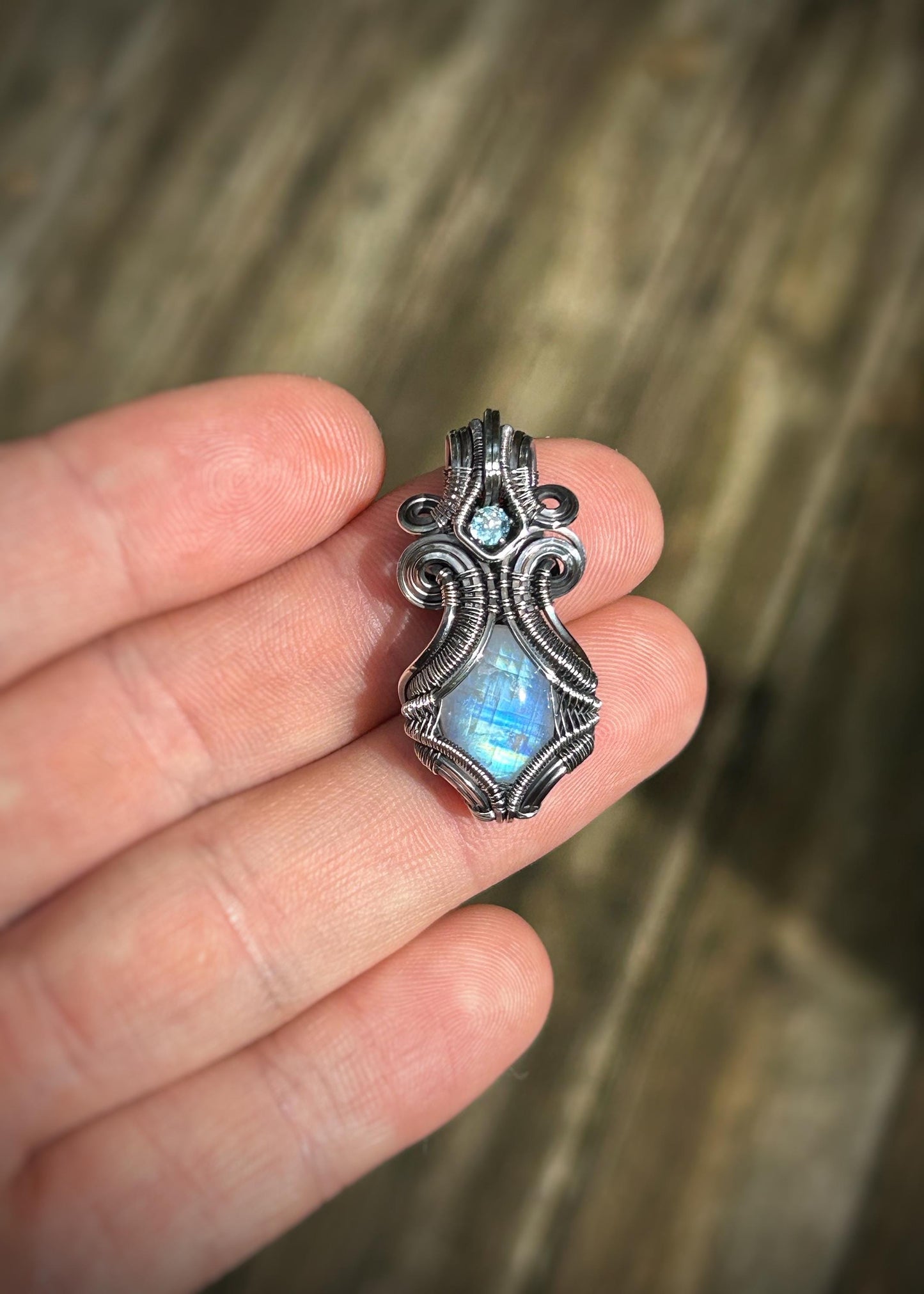 Rainbow Moonstone // Blue Topaz // Wire Wrapped Pendant // Symmetrical // Oxidized Silver // Festival Jewelry // Handmade Wire Art
