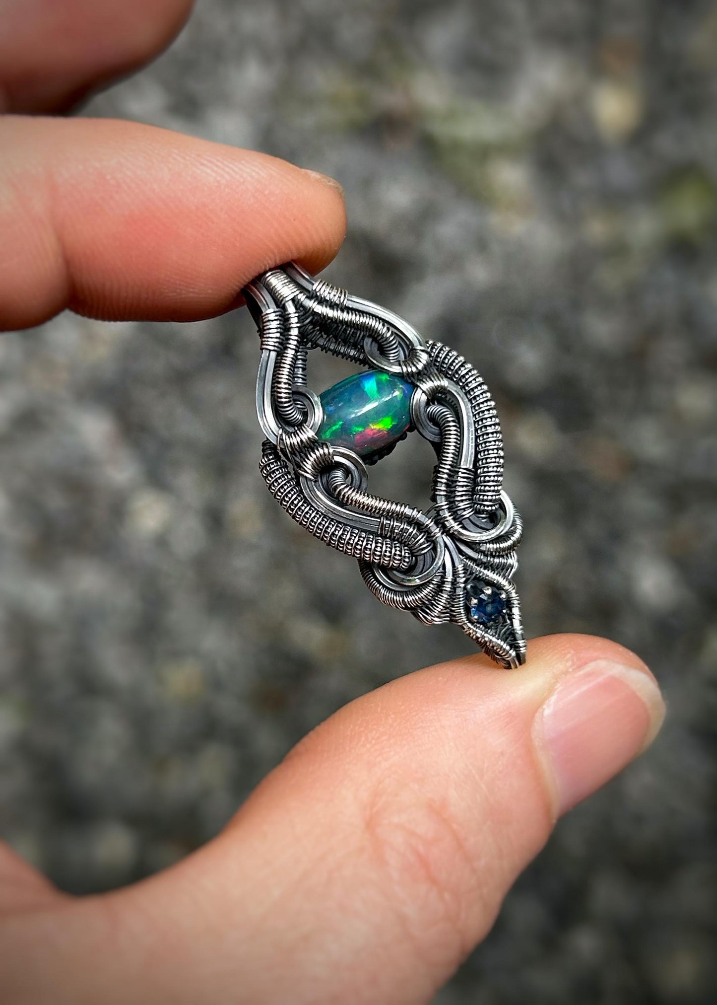 Floating Opal Pendant // Ethiopian Opal // Blue Sapphire // Symmetrical Wire Wrap // Handmade // Festival Jewelry // Oxidized Silver