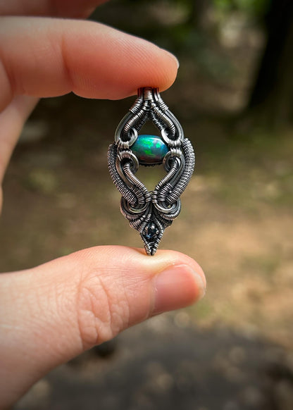 Floating Opal Pendant // Ethiopian Opal // Blue Sapphire // Symmetrical Wire Wrap // Handmade // Festival Jewelry // Oxidized Silver