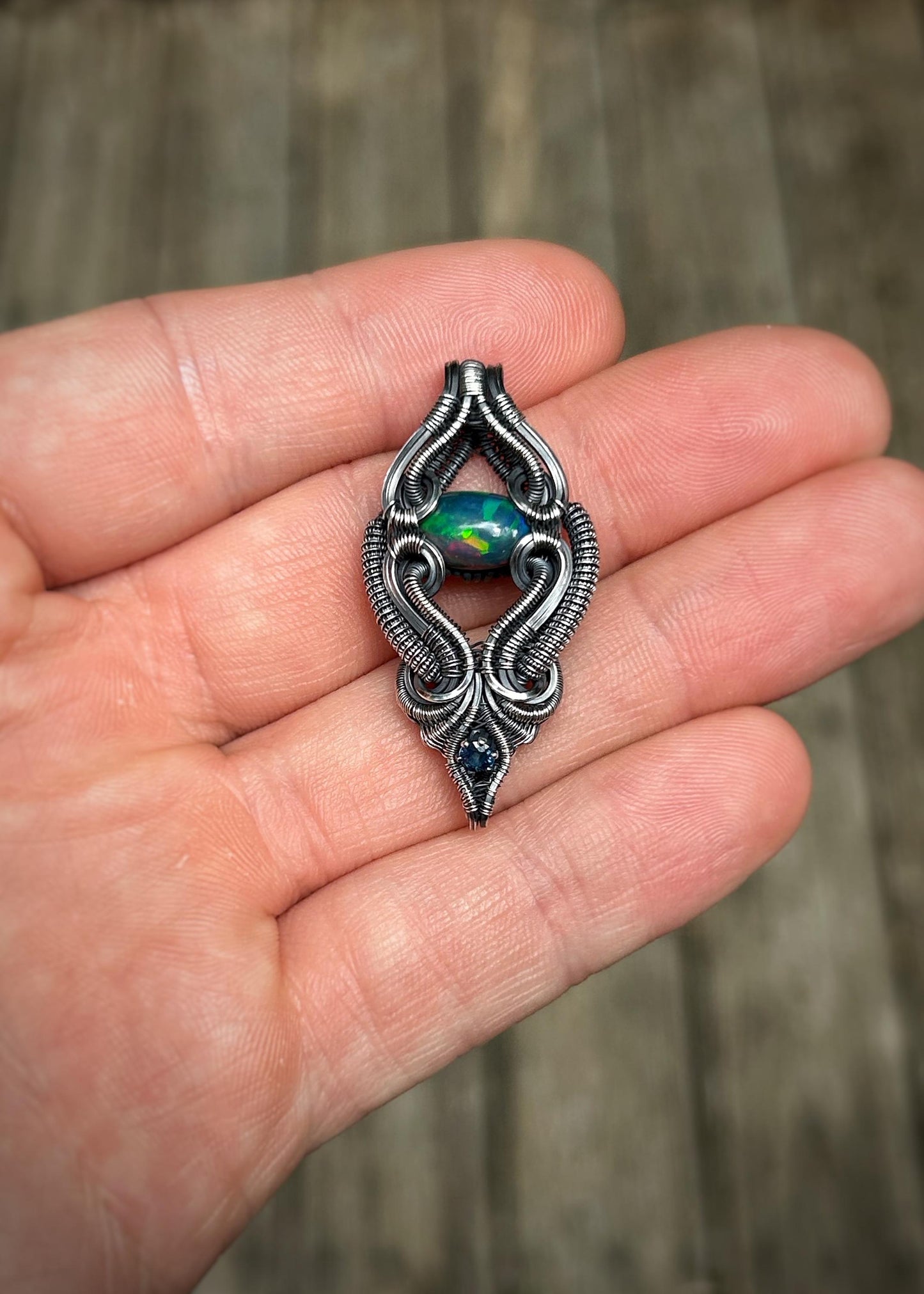 Floating Opal Pendant // Ethiopian Opal // Blue Sapphire // Symmetrical Wire Wrap // Handmade // Festival Jewelry // Oxidized Silver