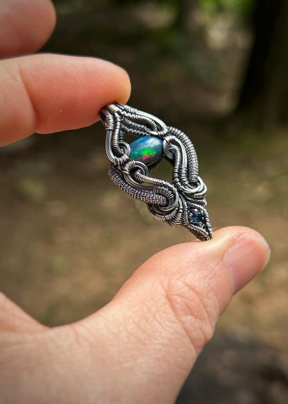 Floating Opal Pendant // Ethiopian Opal // Blue Sapphire // Symmetrical Wire Wrap // Handmade // Festival Jewelry // Oxidized Silver