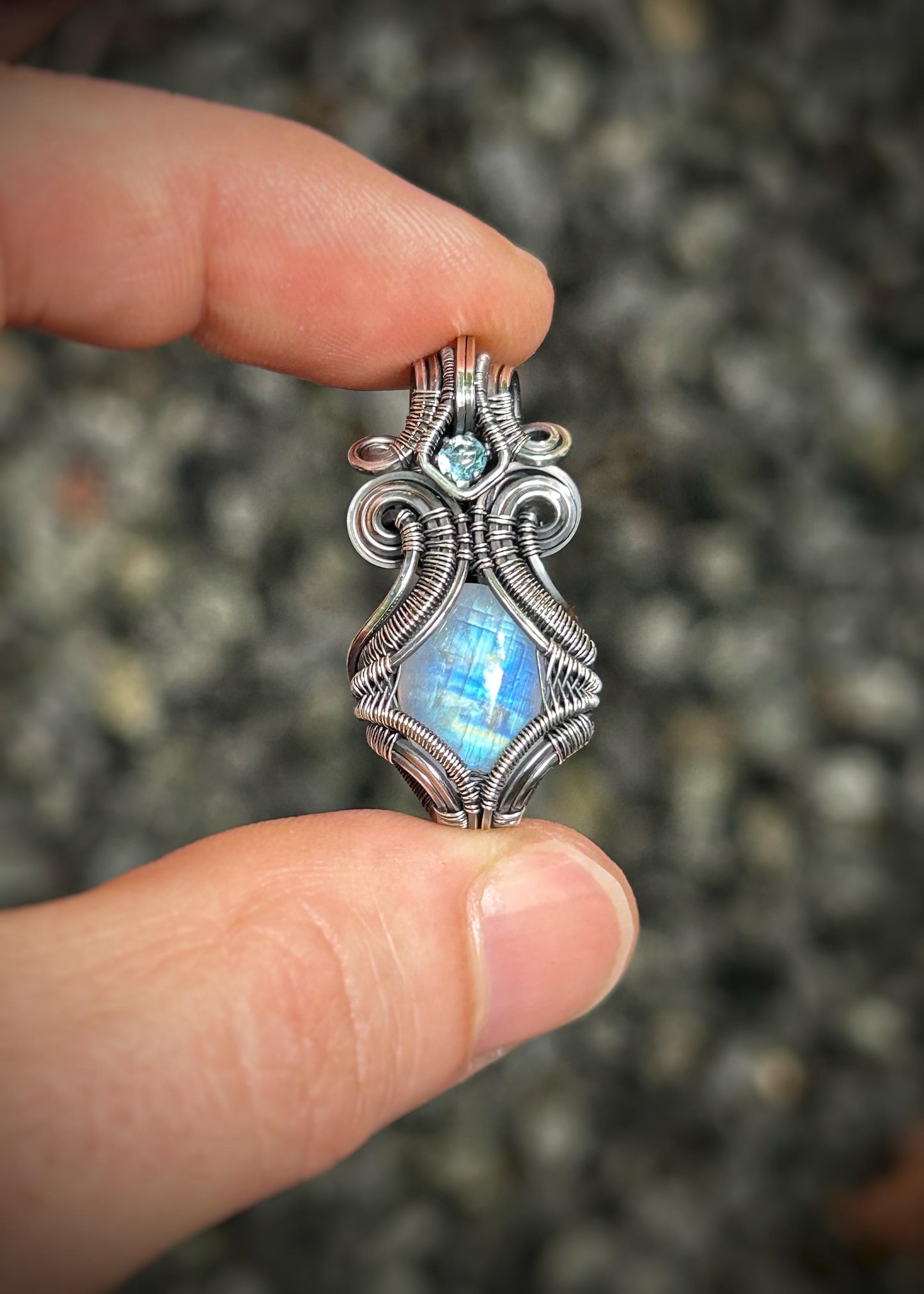 Rainbow Moonstone // Blue Topaz // Wire Wrapped Pendant // Symmetrical // Oxidized Silver // Festival Jewelry // Handmade Wire Art