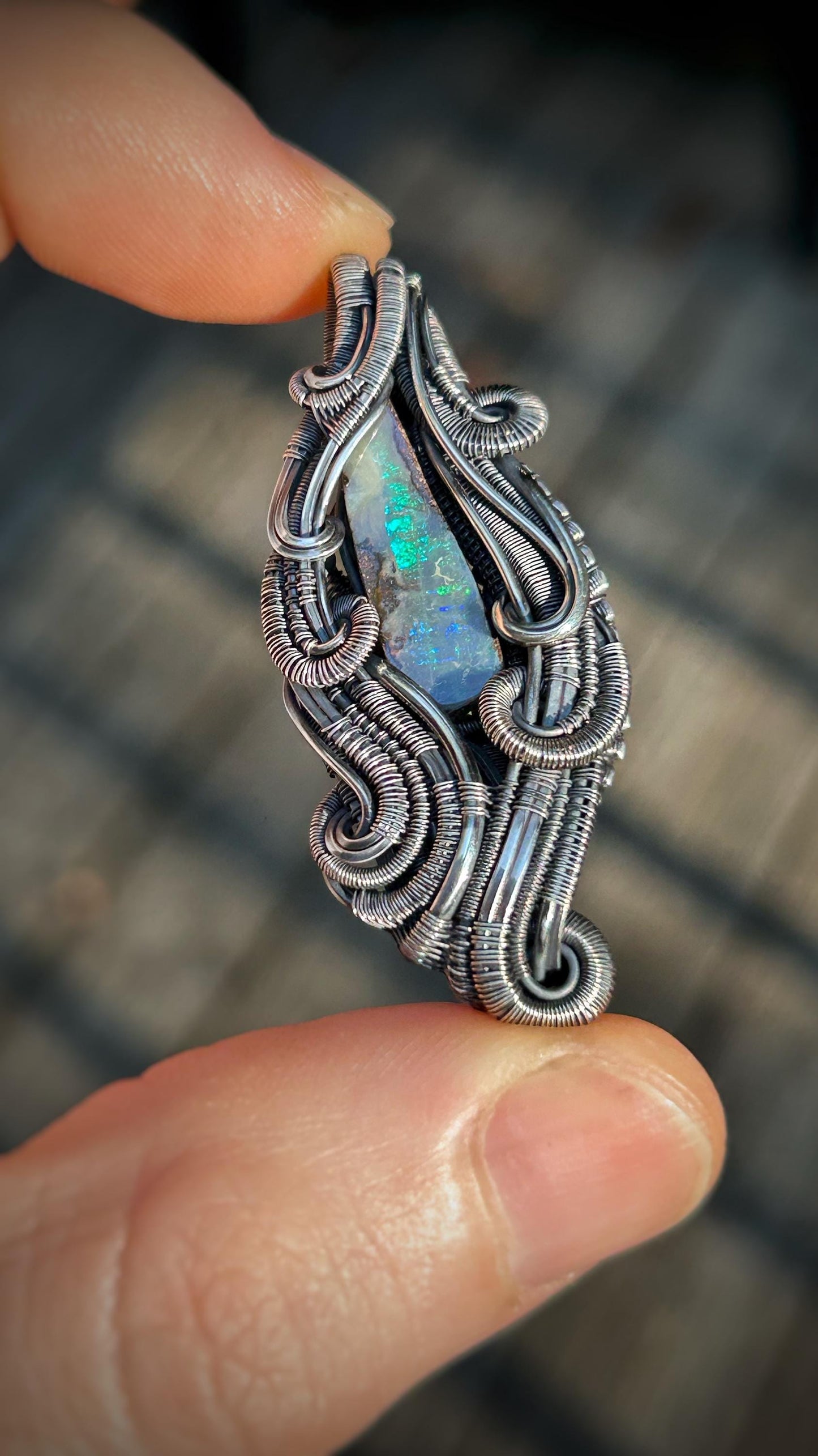 Aussie Opal Pendant // Handmade Wire Jewelry // Oxidized Sterling Silver // Festival Jewelry // Double Bailed // Australian Opal // Organic