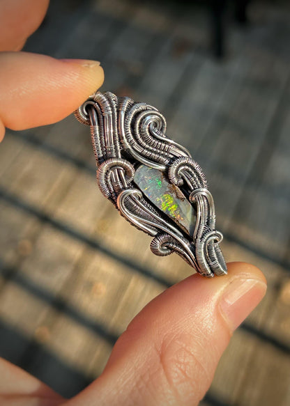 Aussie Opal Pendant // Handmade Wire Jewelry // Oxidized Sterling Silver // Festival Jewelry // Double Bailed // Australian Opal // Organic