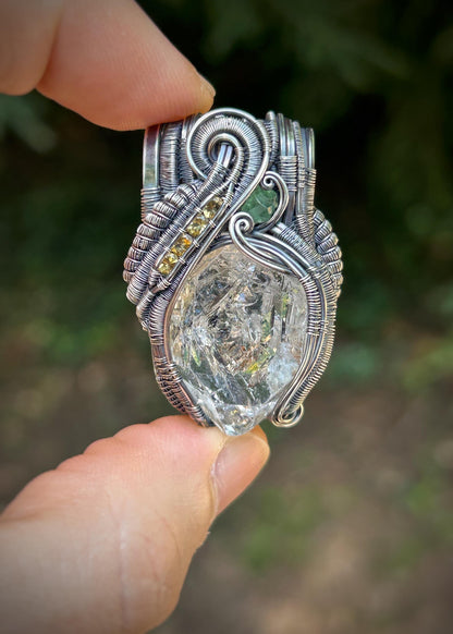 Petroleum-included Quartz Crystal // Wire Wrapped Pendant // Sterling Silver // Citrine // Demantoid Garnet // Festival Jewelry // Organic