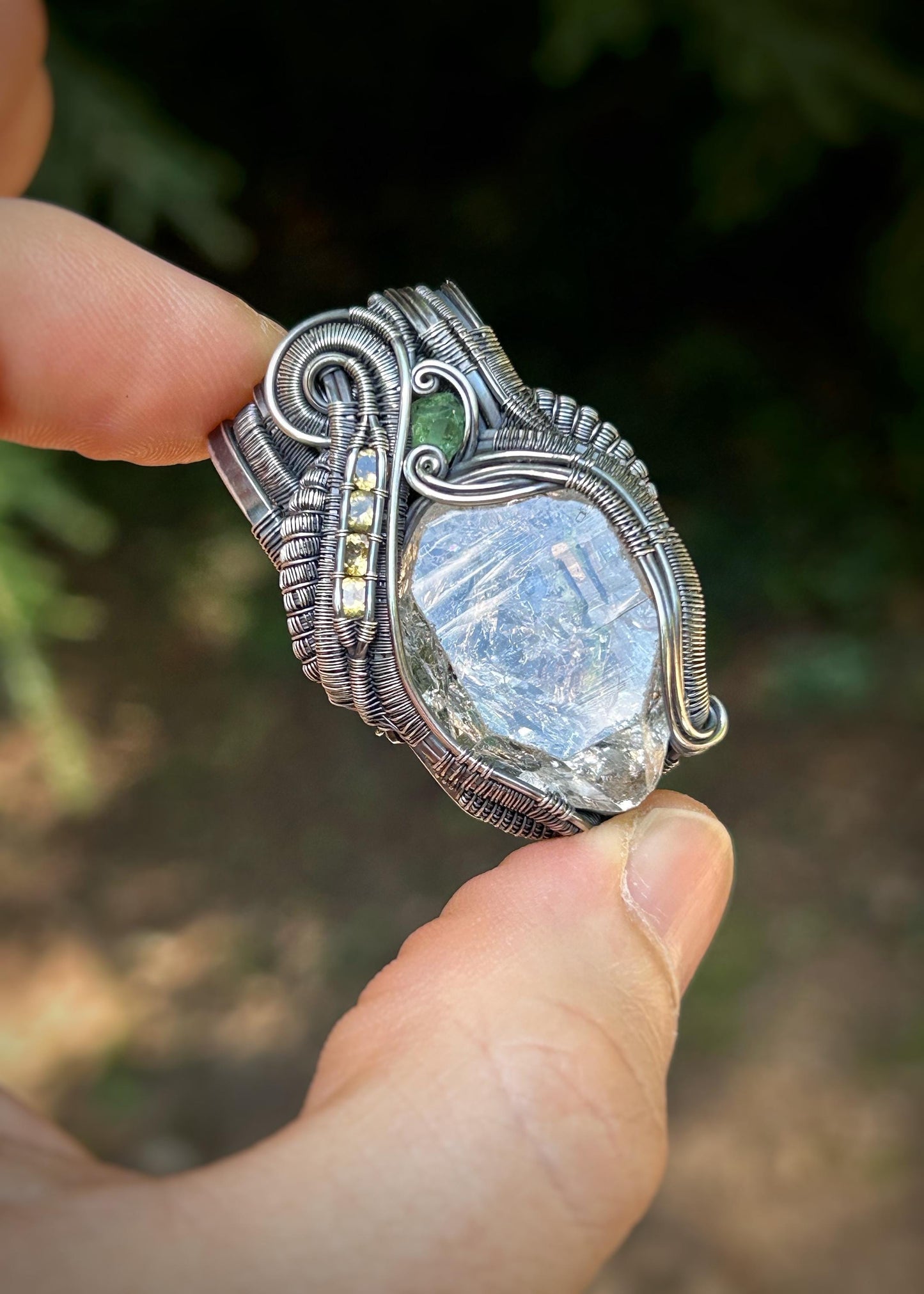 Petroleum-included Quartz Crystal // Wire Wrapped Pendant // Sterling Silver // Citrine // Demantoid Garnet // Festival Jewelry // Organic