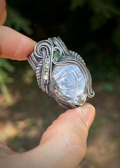Petroleum-included Quartz Crystal // Wire Wrapped Pendant // Sterling Silver // Citrine // Demantoid Garnet // Festival Jewelry // Organic