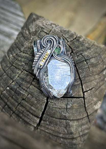 Petroleum-included Quartz Crystal // Wire Wrapped Pendant // Sterling Silver // Citrine // Demantoid Garnet // Festival Jewelry // Organic