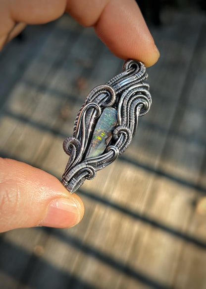 Aussie Opal Pendant // Handmade Wire Jewelry // Oxidized Sterling Silver // Festival Jewelry // Double Bailed // Australian Opal // Organic