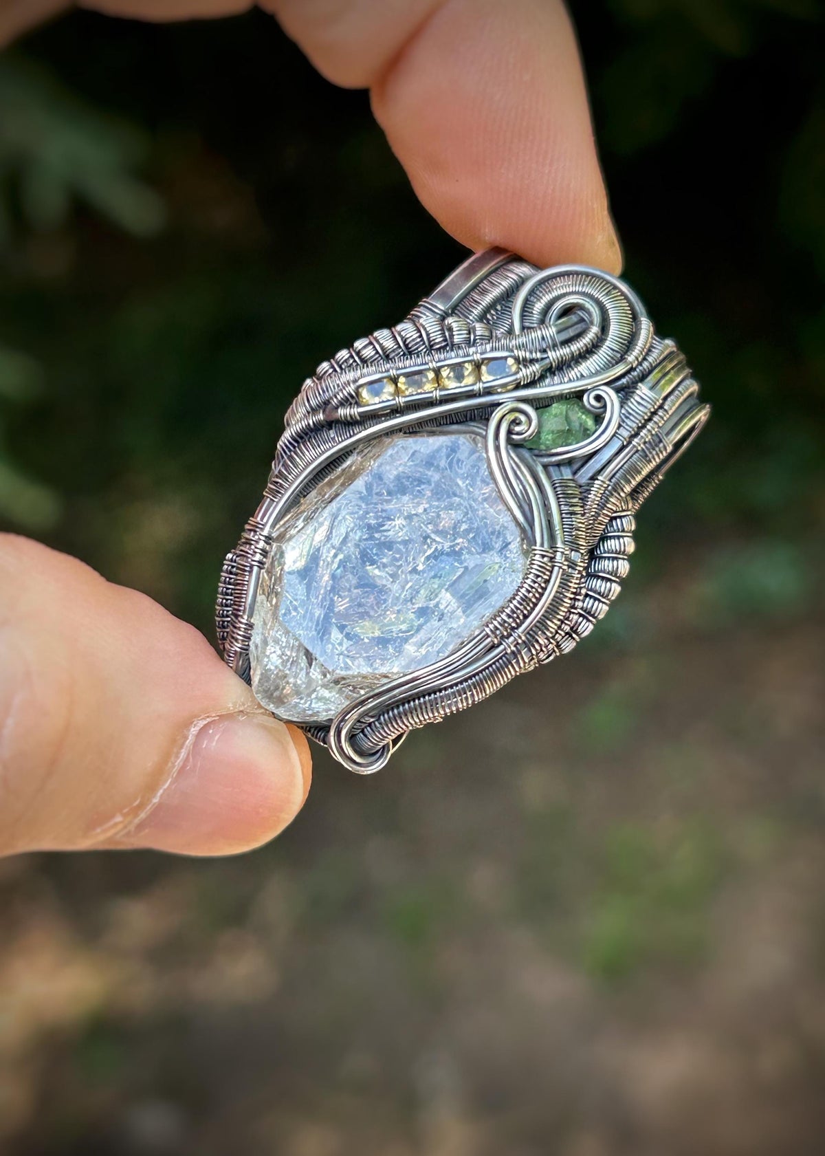 Petroleum-included Quartz Crystal // Wire Wrapped Pendant // Sterling Silver // Citrine // Demantoid Garnet // Festival Jewelry // Organic