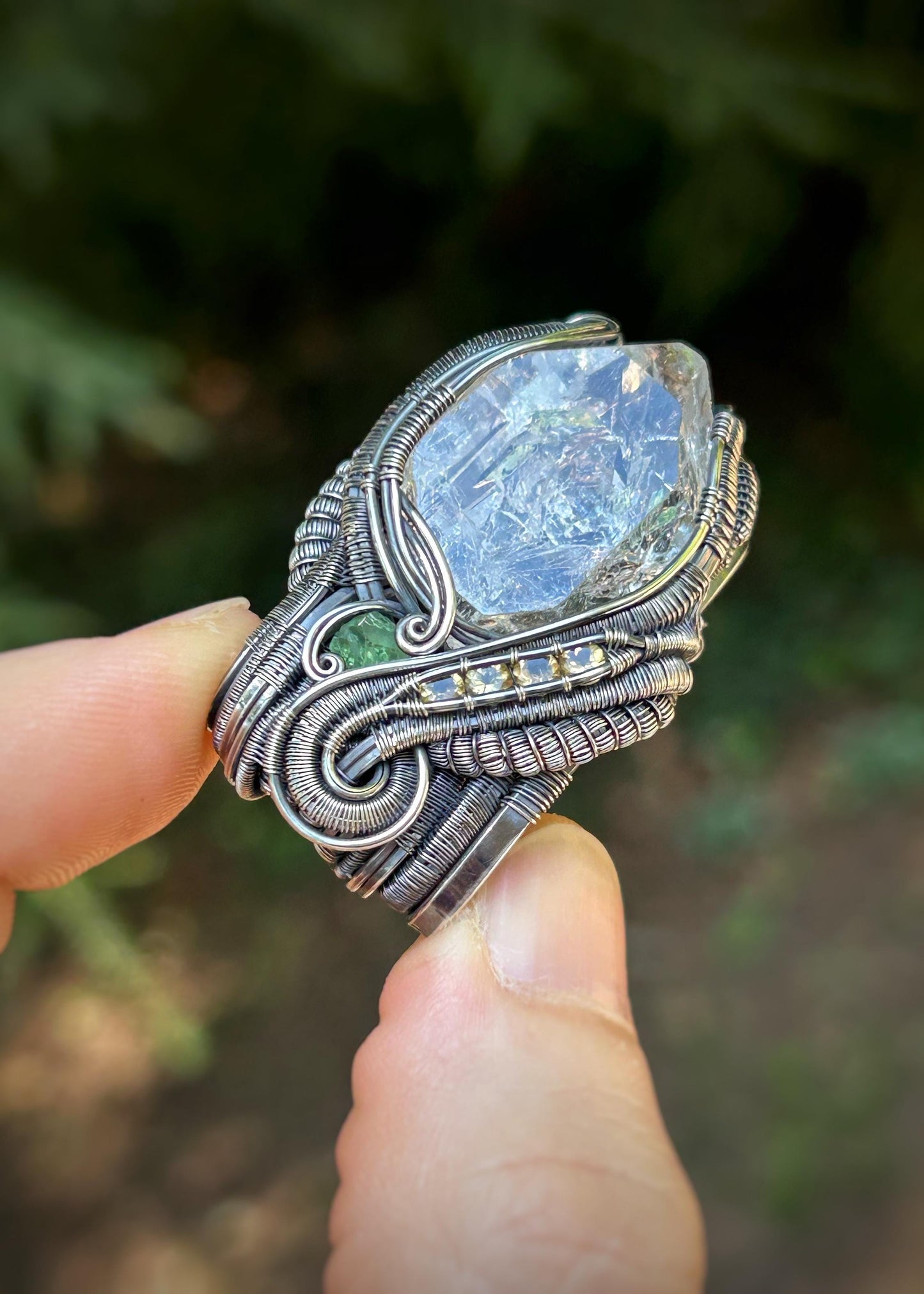 Petroleum-included Quartz Crystal // Wire Wrapped Pendant // Sterling Silver // Citrine // Demantoid Garnet // Festival Jewelry // Organic