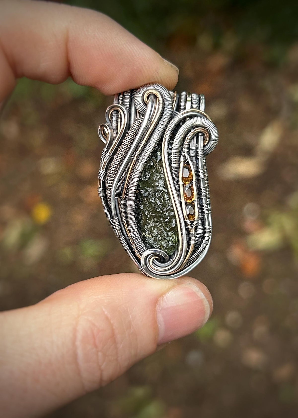 Wide Bail Moldavite Jammer // Faceted Tourmaline // Autumnal Colors // Oxidized Sterling Silver // Festival Jewelry // Organic Wire Flow