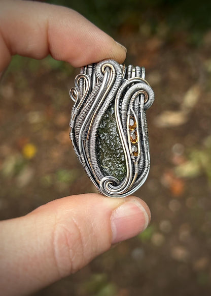 Wide Bail Moldavite Jammer // Faceted Tourmaline // Autumnal Colors // Oxidized Sterling Silver // Festival Jewelry // Organic Wire Flow