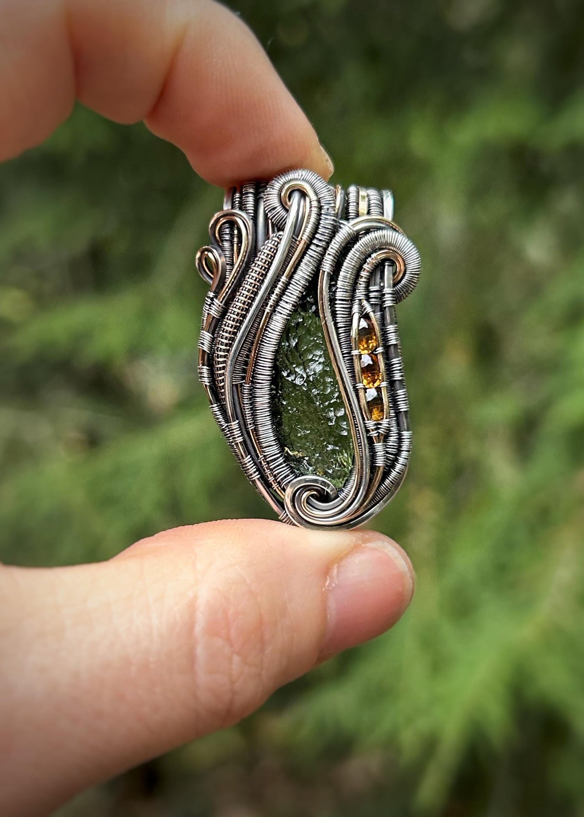Wide Bail Moldavite Jammer // Faceted Tourmaline // Autumnal Colors // Oxidized Sterling Silver // Festival Jewelry // Organic Wire Flow