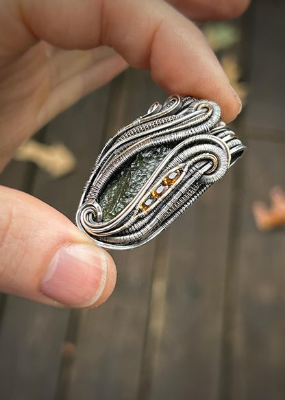 Wide Bail Moldavite Jammer // Faceted Tourmaline // Autumnal Colors // Oxidized Sterling Silver // Festival Jewelry // Organic Wire Flow