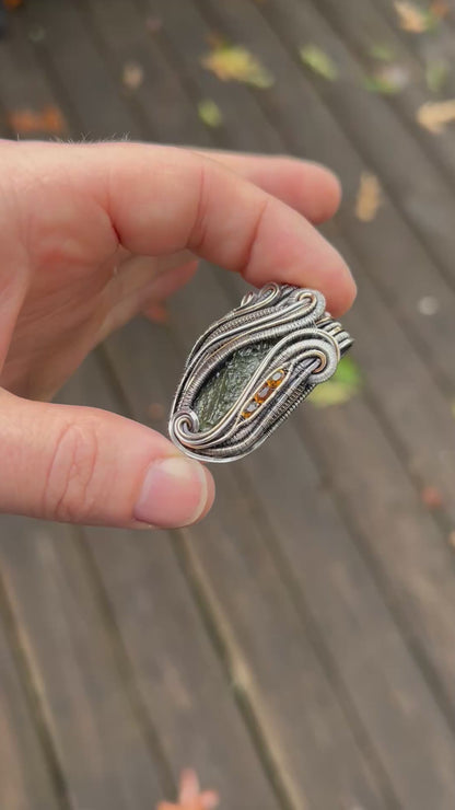 Wide Bail Moldavite Jammer // Faceted Tourmaline // Autumnal Colors // Oxidized Sterling Silver // Festival Jewelry // Organic Wire Flow