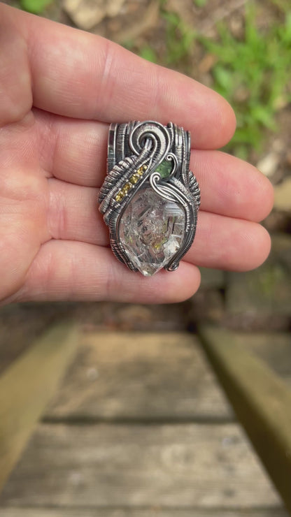 Petroleum-included Quartz Crystal // Wire Wrapped Pendant // Sterling Silver // Citrine // Demantoid Garnet // Festival Jewelry // Organic