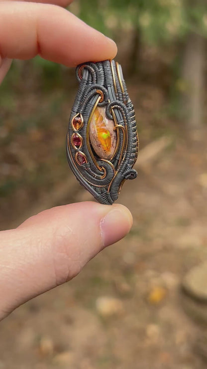 Autumnal Fire Opal Pendant // Multicolor Sapphires // Oxidized Silver // Mixed Metals // Goldfill // Festival Jewelry // Wrapped Pendant