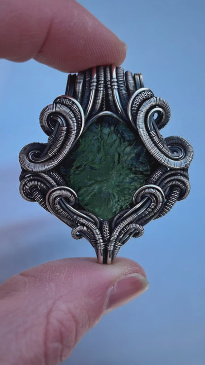 Moldavite Pendant // Symmetrical // Wire Wrap // Festival Jewelry // Moldavite Family // Oxidized Silved // Handmade Wire Art // Organic