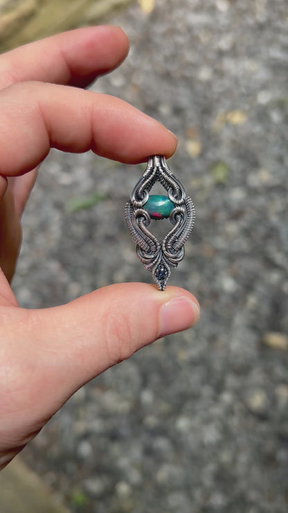Floating Opal Pendant // Ethiopian Opal // Blue Sapphire // Symmetrical Wire Wrap // Handmade // Festival Jewelry // Oxidized Silver