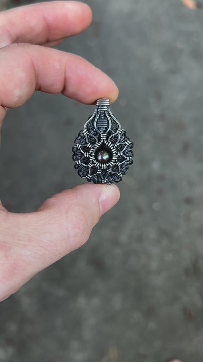 Symmetrical Pearl Pendant // Wire Wrapped // Oxidized/Polished Silver // Tahitian Black Pearl // Festival Jewelry // Sacred Geometry
